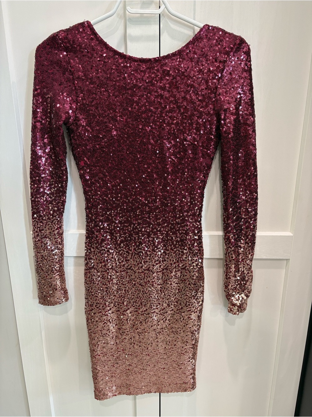 Revamped Burgundy to Rose Ombre Sequin Long Sleeve Dress